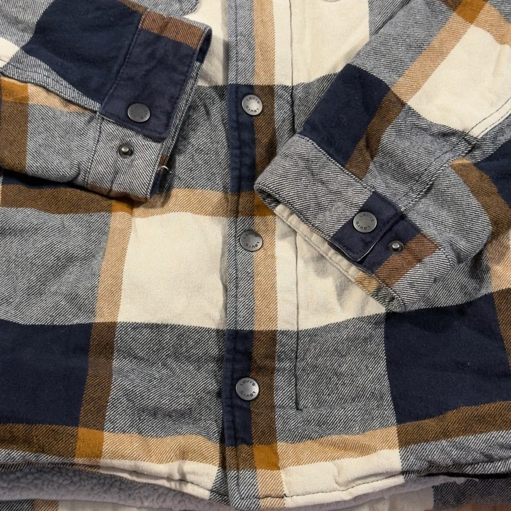 Levis Mens Plaid Hooded Flannel Jacket Sherpa Lined Navy Brown Small RN54163